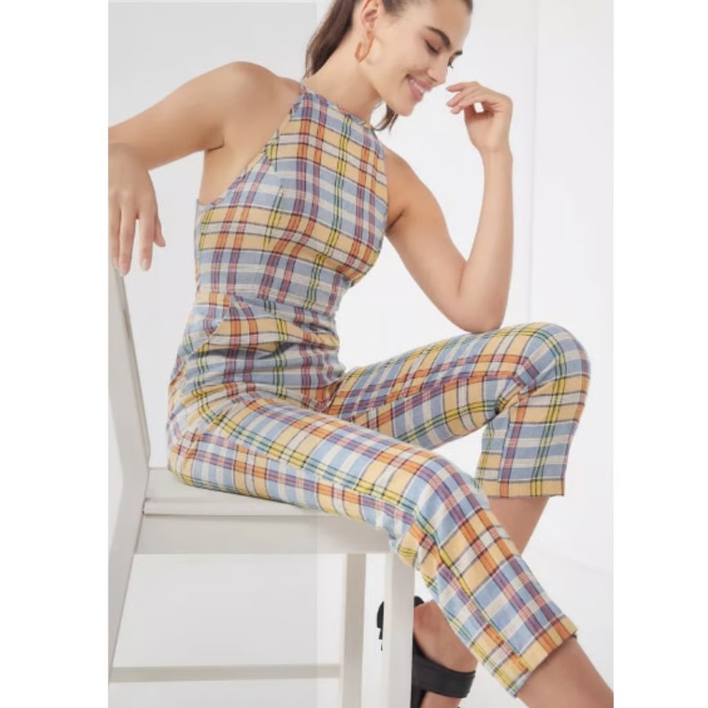 Urban Outfitters Women's High-Neck Linen Jumpsuit size 4 Yellow Blue madras